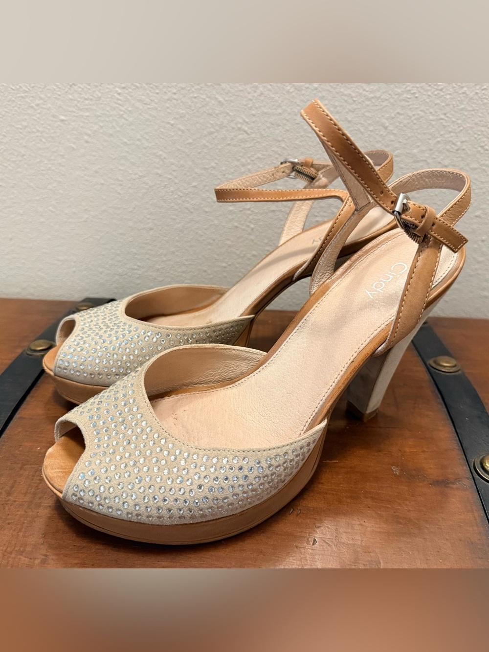Cindy Astro Tan and Cream Peep-Toe Rhinestone Ankle-Strap Heels